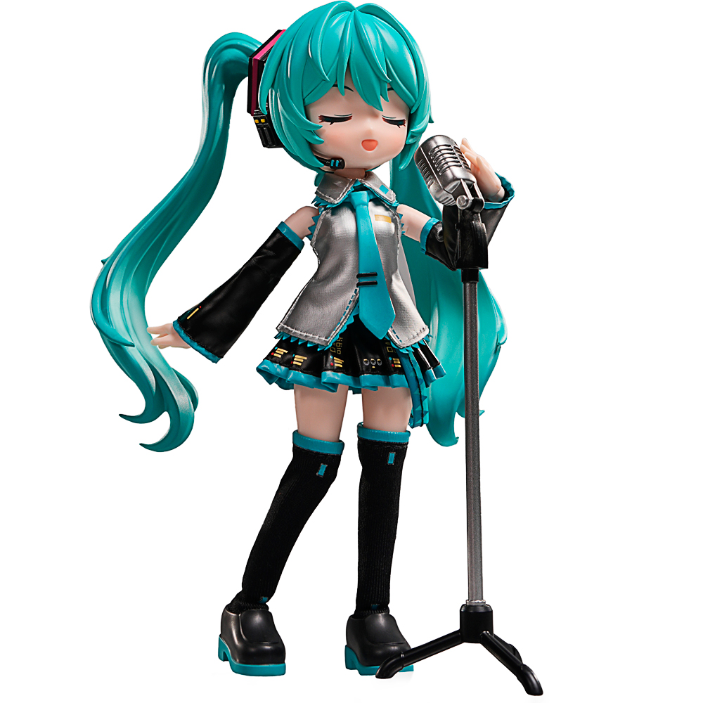 Anime-Figur, türkise Zöpfe, Mikrofonständer, Sängerin, Schuluniform