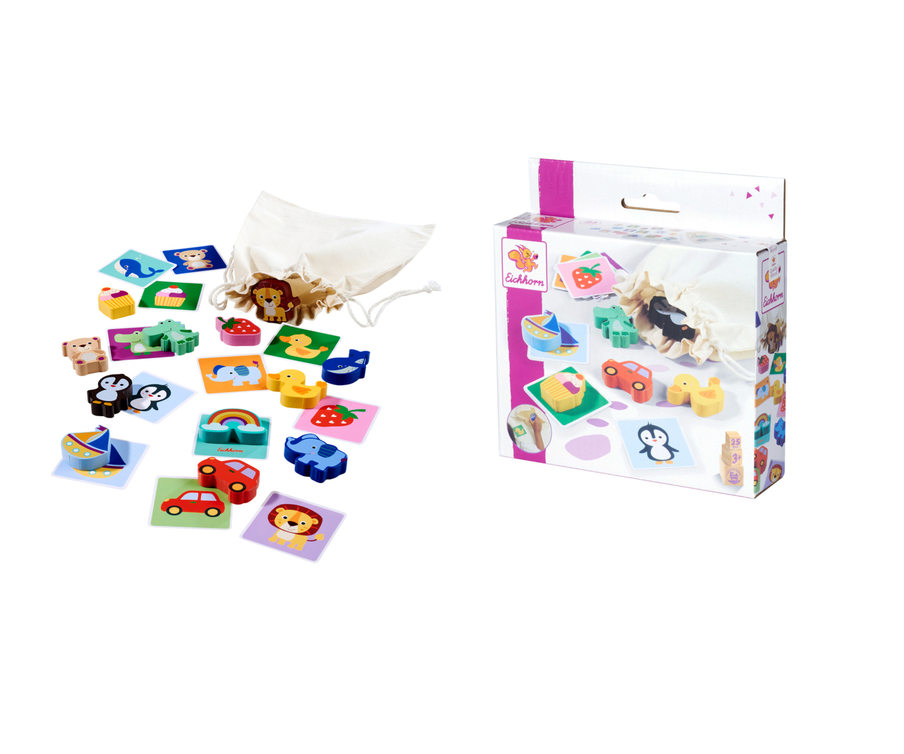 Puzzle, Holzstücke, Tier-Formen, bunte Fliesen, Aufbewahrungstasche