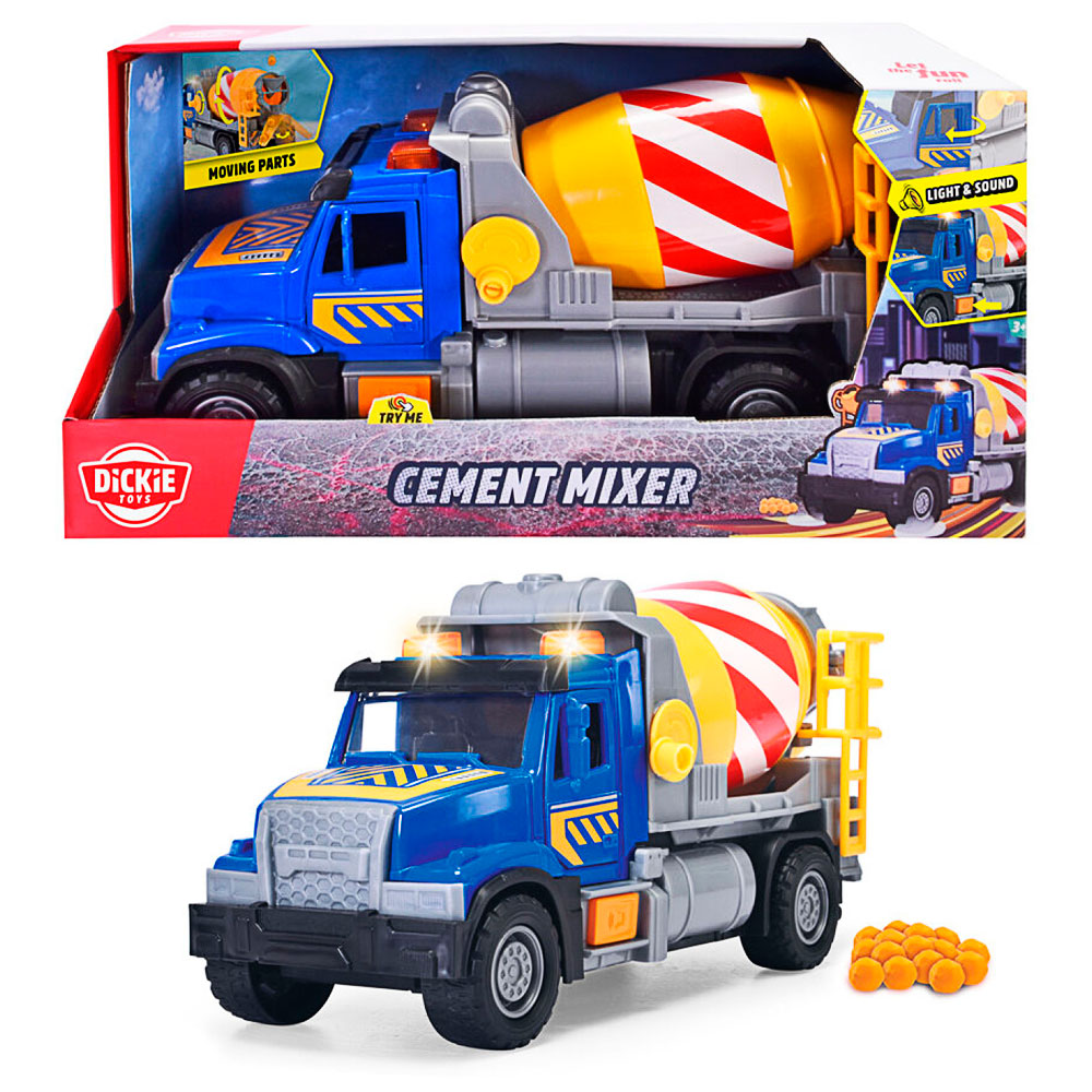 Zementmischer, Zementwagen, Spielzeugtruck, orange Steine, blaues Fahrzeug