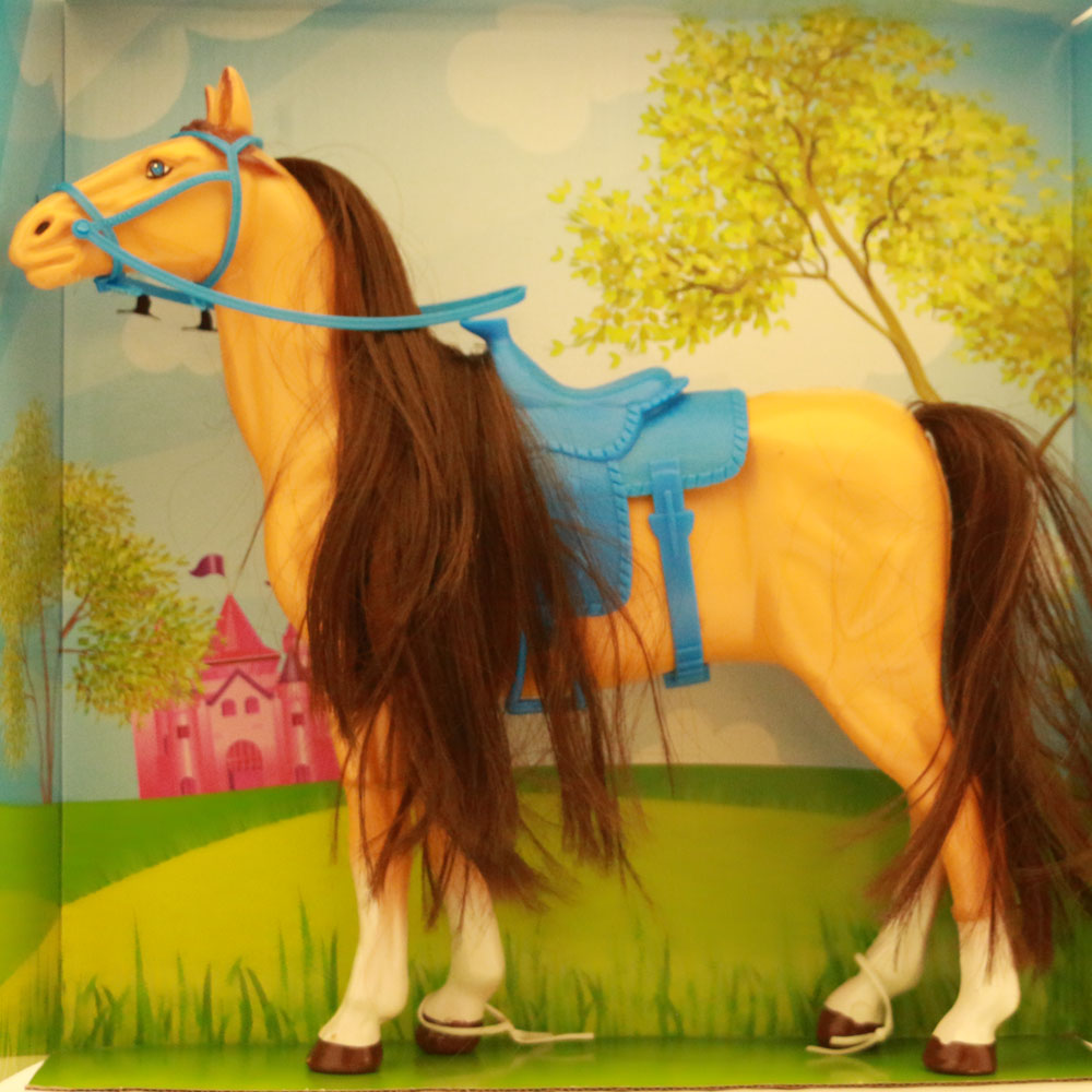 Puppenpferd, Reitpferd 30cm, hellbraun/blau, für Barbies oder ähnliche Puppen